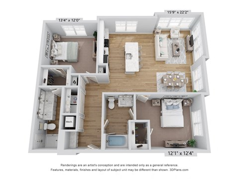 Floor plan for 2 beds, 2 baths, 1266 sqft